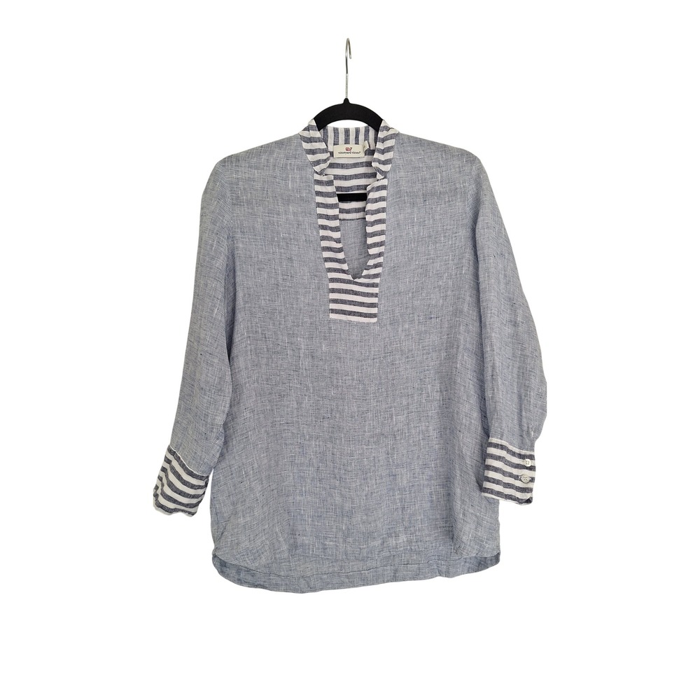 Vineyard Vines Womens XS Blue Linen Striped Trim Split Neck Tunic Top Pullover